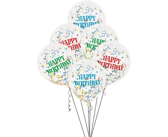 Μπαλόνια Λατέξ 12" Happy Birthday Ασορτί με Κονφετί / 6 τεμ