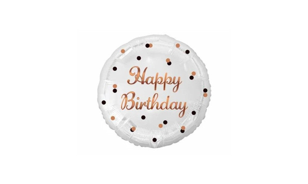 Foil balloon 36cm  Happy Birthay, white, rose-gold printing