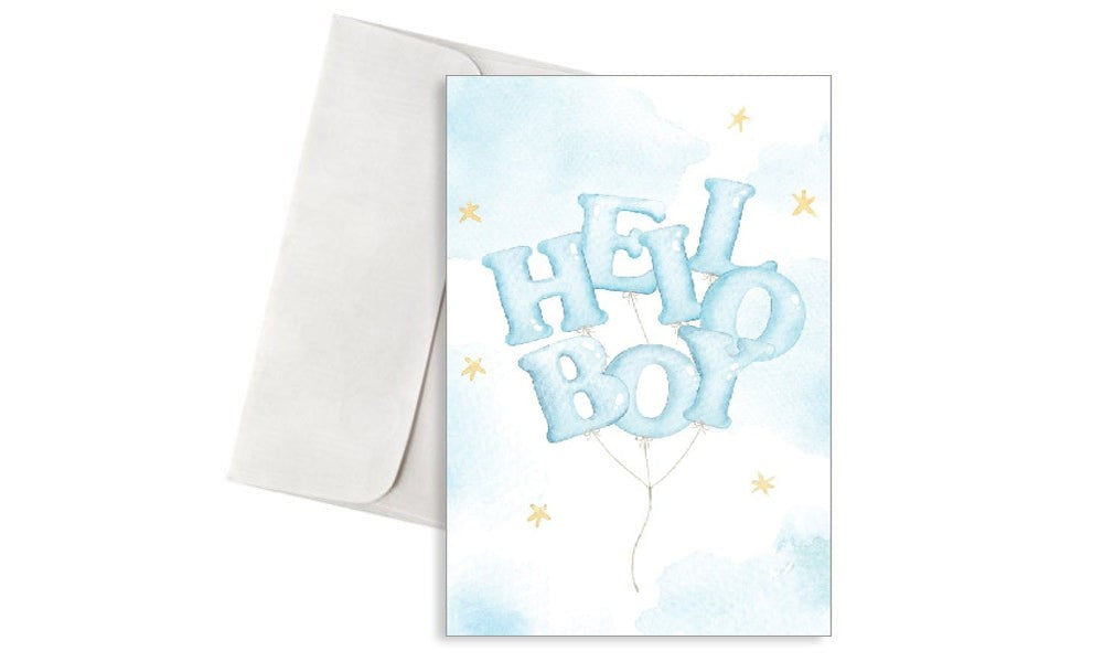 Ευχετήρια Κάρτα Γέννησης Αγοριού – Balloon Letters “Hello Boy”