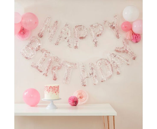 Γιρλάντα HAPPY BIRTHDAY με Μπαλόνια Διάφανα με Κομφετί