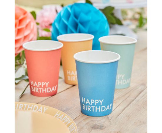 Ποτήρια χάρτινα Eco "Happy Birthday" σε 4 χρώματα / 8 τμχ