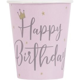 Ποτήρια Χάρτινα Ροζ με στέμα 266ml Happy Birthday /8 τεμ