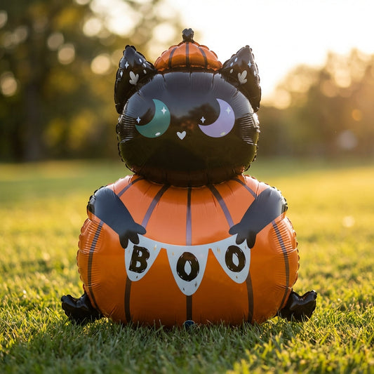 Close-up of a 66cm foil cat in pumpkin balloon outdoors during golden hour, highlighting its shiny surface and detailed micro-texture.
