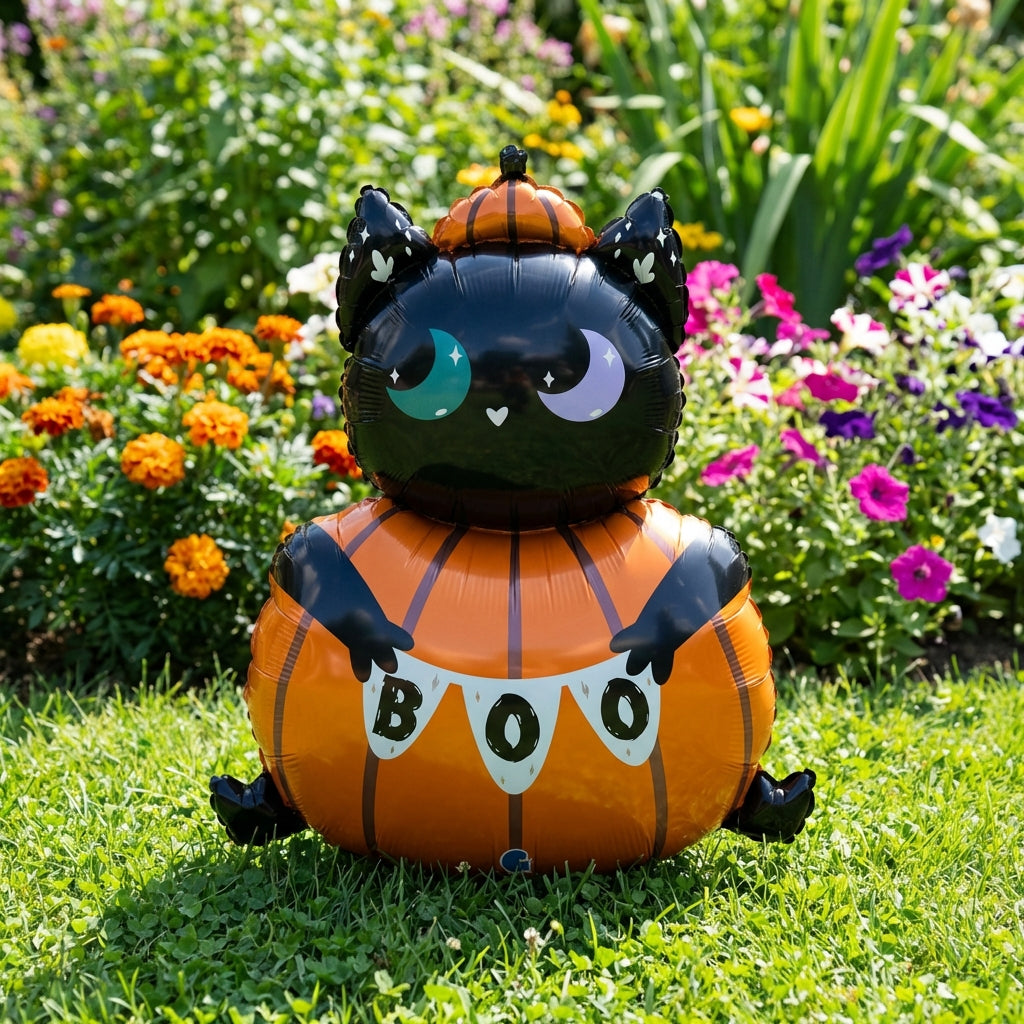 Close-up of a foil cat in pumpkin balloon in a garden during daytime, showcasing vivid colors and fine surface details with a blurred natural background.