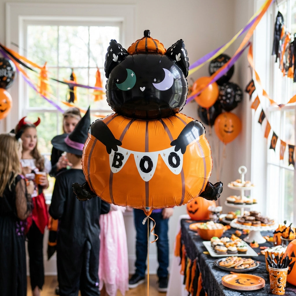 Full-body view of a foil cat in pumpkin balloon floating indoors at a lively party, with colorful decorations and reflections on the foil surface.