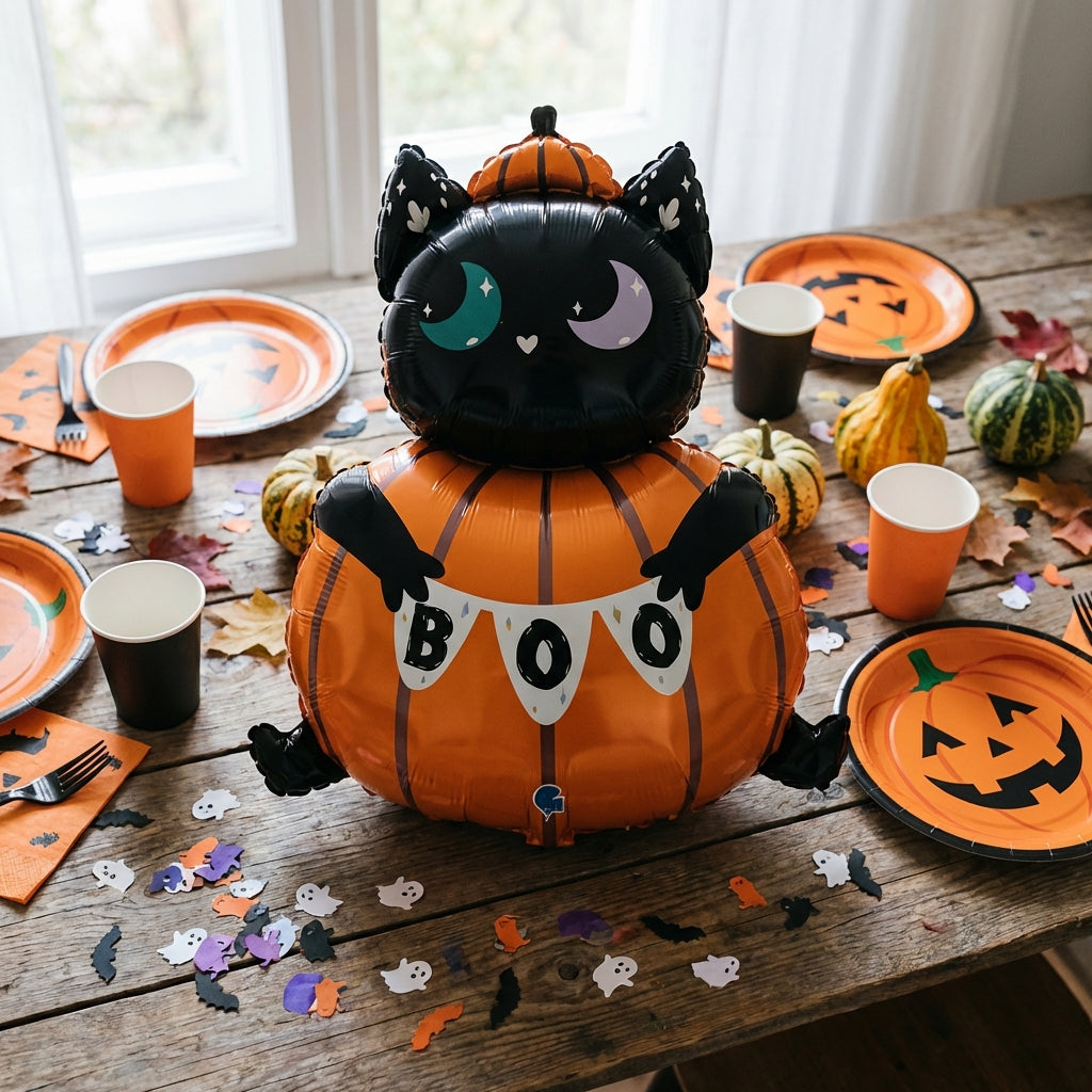 Overhead view of a foil cat in pumpkin balloon arranged on a rustic table, surrounded by holiday props in soft natural light.